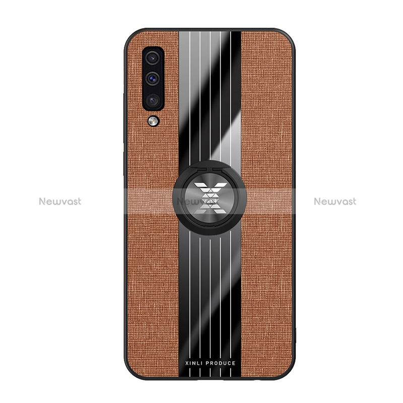 Ultra-thin Silicone Gel Soft Case Cover with Magnetic Finger Ring Stand X02L for Samsung Galaxy A30S Brown