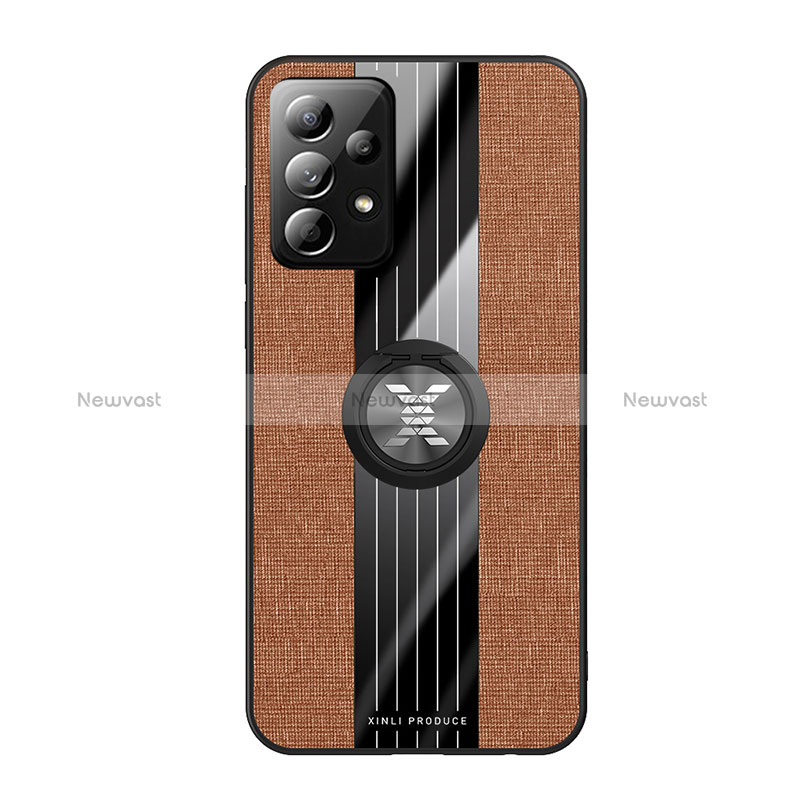 Ultra-thin Silicone Gel Soft Case Cover with Magnetic Finger Ring Stand X02L for Samsung Galaxy A52 4G Brown