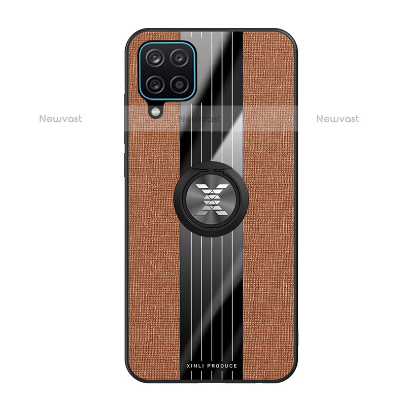 Ultra-thin Silicone Gel Soft Case Cover with Magnetic Finger Ring Stand X02L for Samsung Galaxy F12 Brown