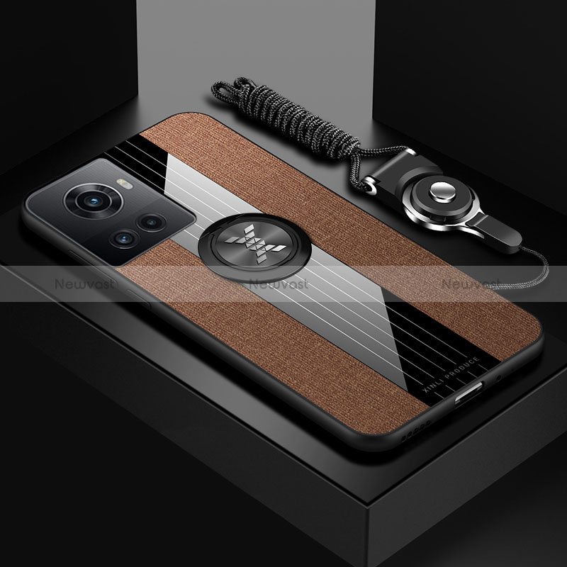 Ultra-thin Silicone Gel Soft Case Cover with Magnetic Finger Ring Stand X03L for OnePlus 10R 5G Brown