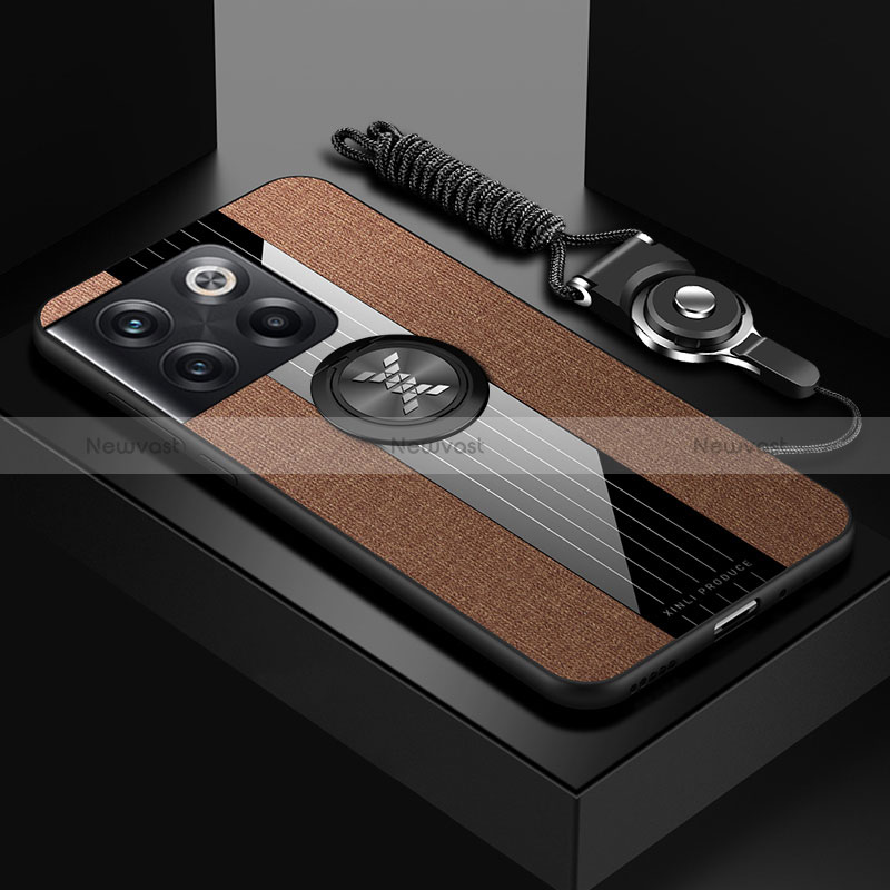 Ultra-thin Silicone Gel Soft Case Cover with Magnetic Finger Ring Stand X03L for OnePlus 10T 5G Brown