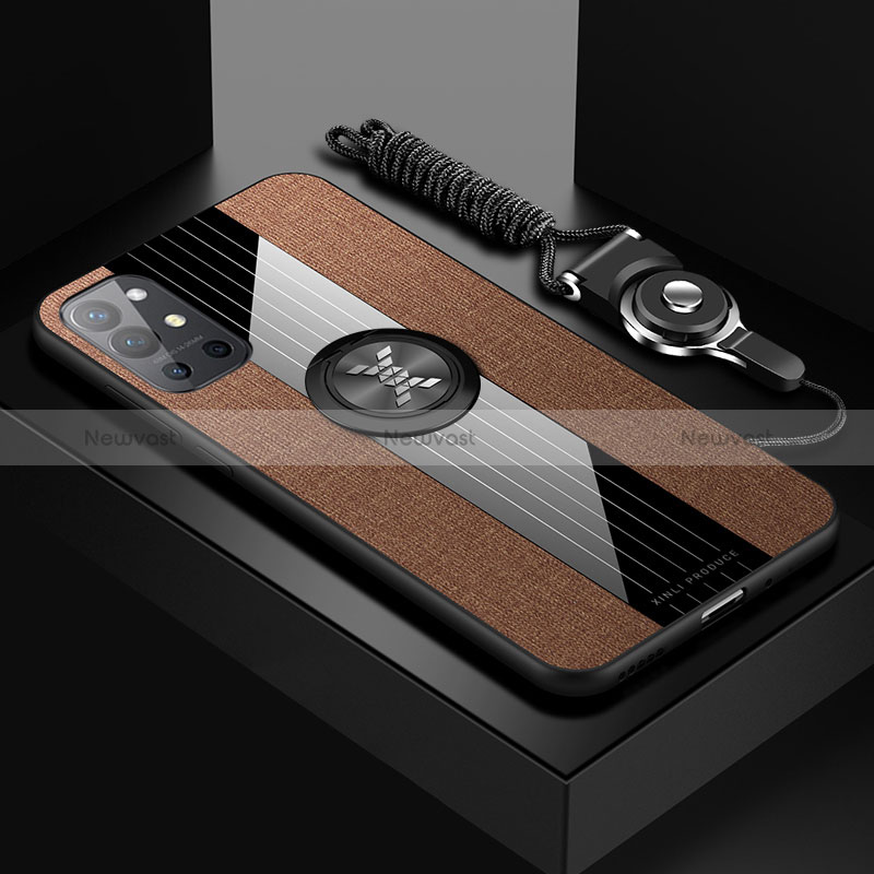 Ultra-thin Silicone Gel Soft Case Cover with Magnetic Finger Ring Stand X03L for OnePlus 9R 5G Brown