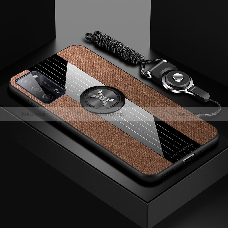 Ultra-thin Silicone Gel Soft Case Cover with Magnetic Finger Ring Stand X03L for Oppo A56 5G Brown