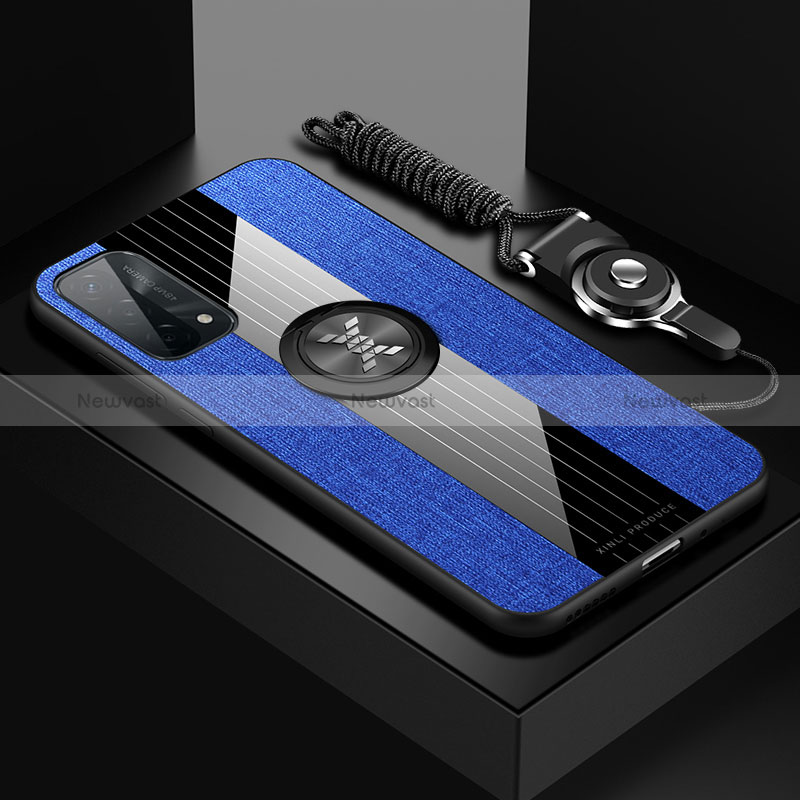 Ultra-thin Silicone Gel Soft Case Cover with Magnetic Finger Ring Stand X03L for Oppo A74 5G Blue