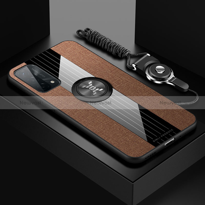 Ultra-thin Silicone Gel Soft Case Cover with Magnetic Finger Ring Stand X03L for Oppo A74 5G Brown