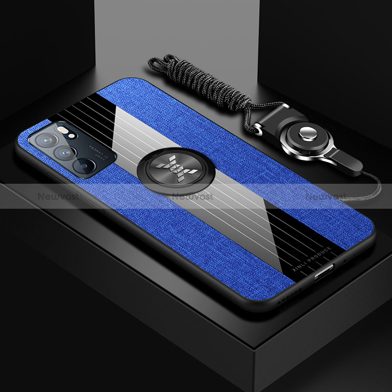 Ultra-thin Silicone Gel Soft Case Cover with Magnetic Finger Ring Stand X03L for Oppo Reno6 5G Blue