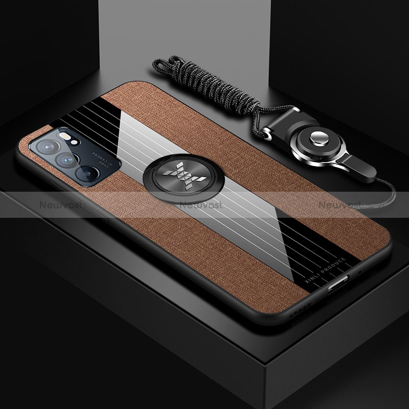 Ultra-thin Silicone Gel Soft Case Cover with Magnetic Finger Ring Stand X03L for Oppo Reno6 5G Brown