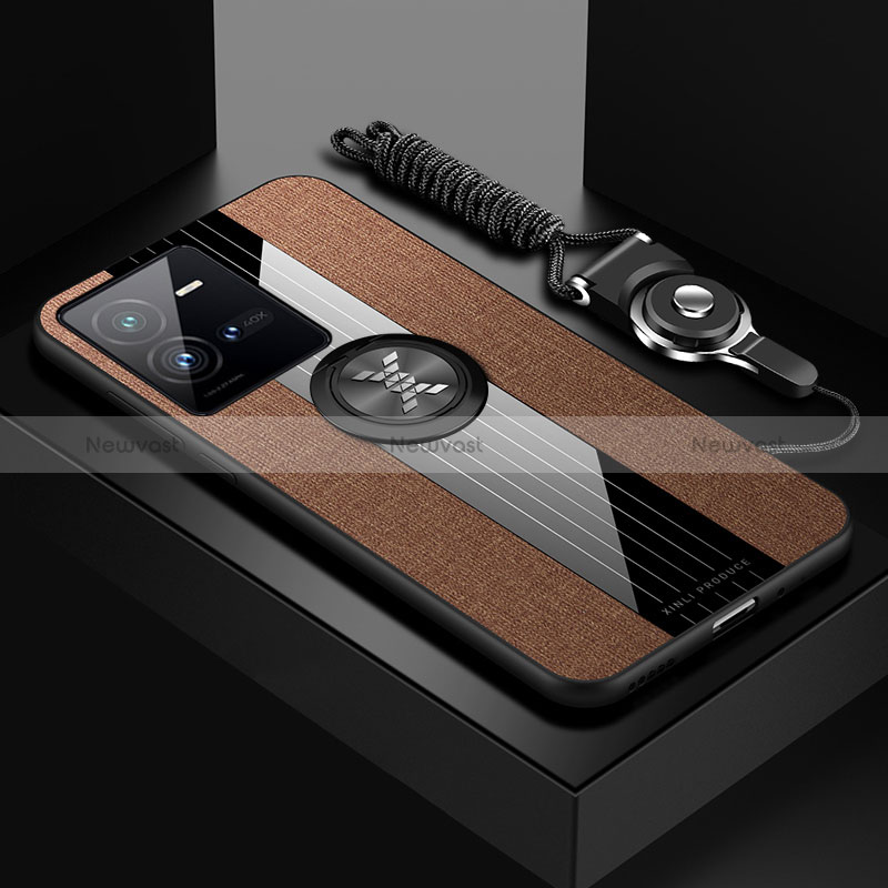 Ultra-thin Silicone Gel Soft Case Cover with Magnetic Finger Ring Stand X03L for Vivo iQOO 10 Pro 5G Brown