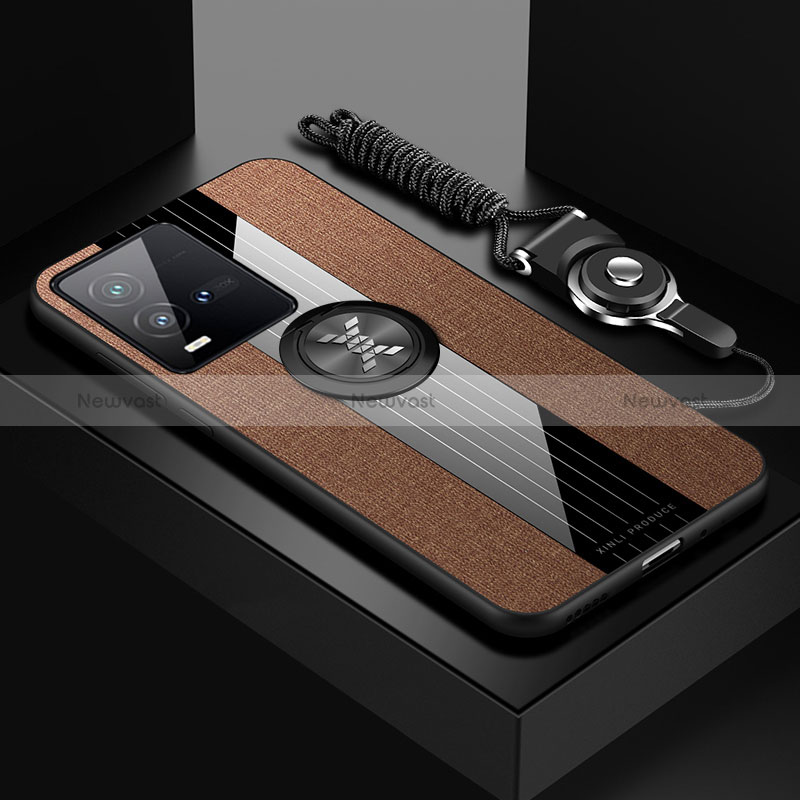 Ultra-thin Silicone Gel Soft Case Cover with Magnetic Finger Ring Stand X03L for Vivo iQOO 9T 5G Brown