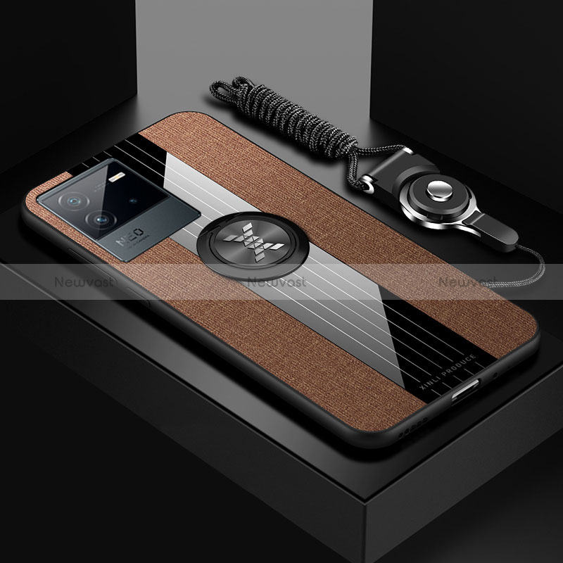 Ultra-thin Silicone Gel Soft Case Cover with Magnetic Finger Ring Stand X03L for Vivo iQOO Neo6 5G Brown