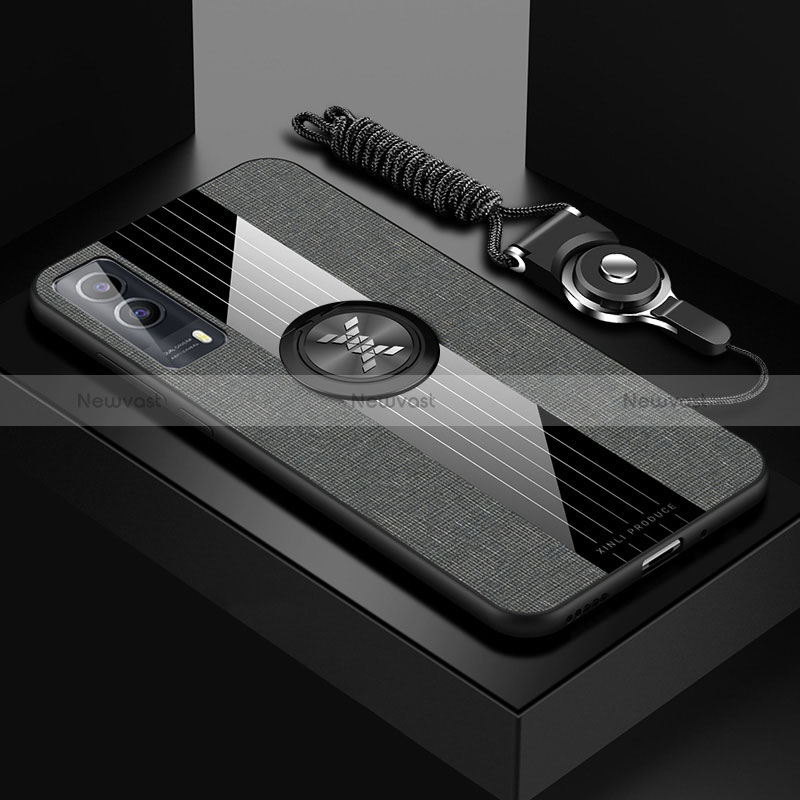 Ultra-thin Silicone Gel Soft Case Cover with Magnetic Finger Ring Stand X03L for Vivo T1x 5G Gray