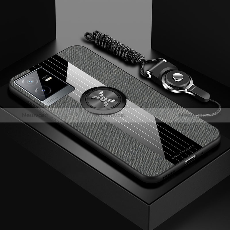 Ultra-thin Silicone Gel Soft Case Cover with Magnetic Finger Ring Stand X03L for Vivo T2x 5G Gray