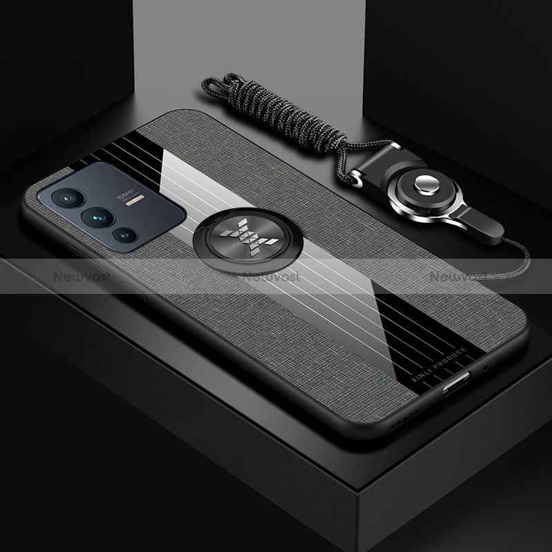 Ultra-thin Silicone Gel Soft Case Cover with Magnetic Finger Ring Stand X03L for Vivo V23 5G Gray