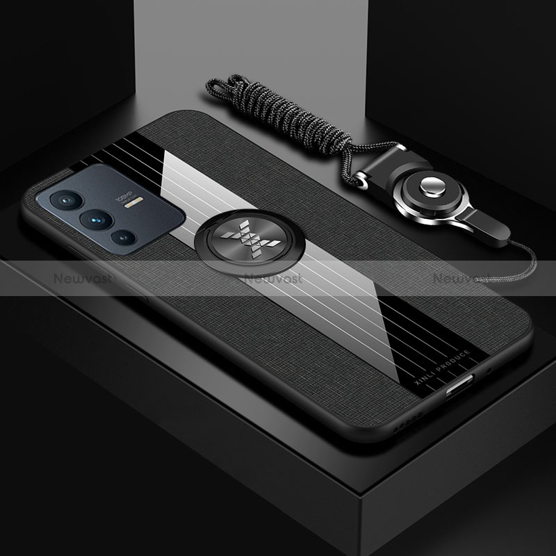Ultra-thin Silicone Gel Soft Case Cover with Magnetic Finger Ring Stand X03L for Vivo V23 Pro 5G Black