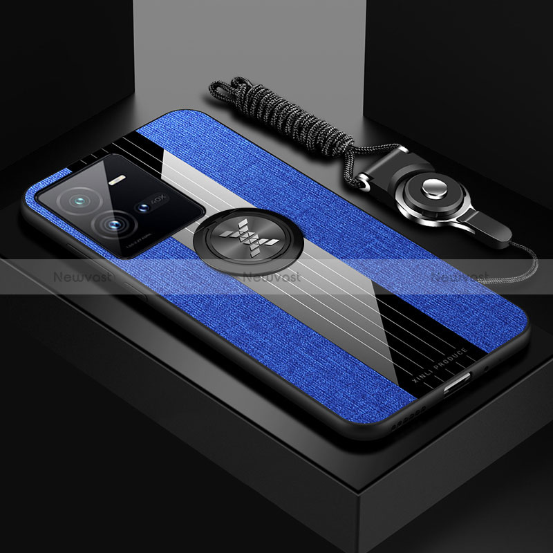 Ultra-thin Silicone Gel Soft Case Cover with Magnetic Finger Ring Stand X03L for Vivo V25 5G Blue