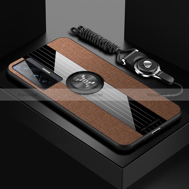 Ultra-thin Silicone Gel Soft Case Cover with Magnetic Finger Ring Stand X03L for Vivo X70 5G Brown