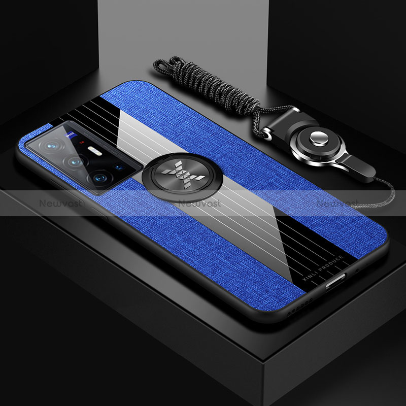 Ultra-thin Silicone Gel Soft Case Cover with Magnetic Finger Ring Stand X03L for Vivo X70 Pro+ Plus 5G Blue