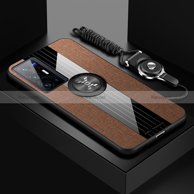 Ultra-thin Silicone Gel Soft Case Cover with Magnetic Finger Ring Stand X03L for Vivo X70 Pro+ Plus 5G Brown