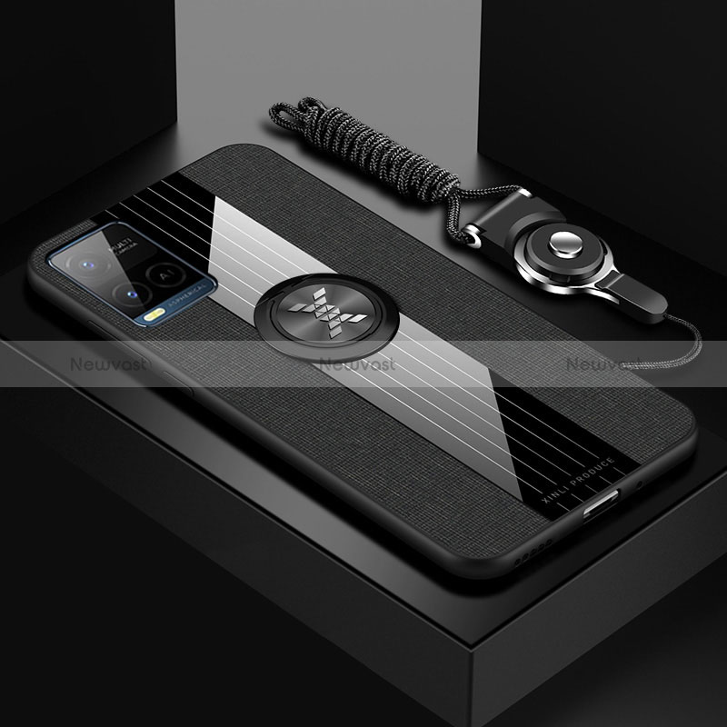 Ultra-thin Silicone Gel Soft Case Cover with Magnetic Finger Ring Stand X03L for Vivo Y21 Black