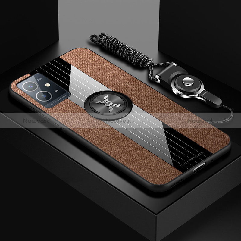 Ultra-thin Silicone Gel Soft Case Cover with Magnetic Finger Ring Stand X03L for Vivo Y30 5G Brown