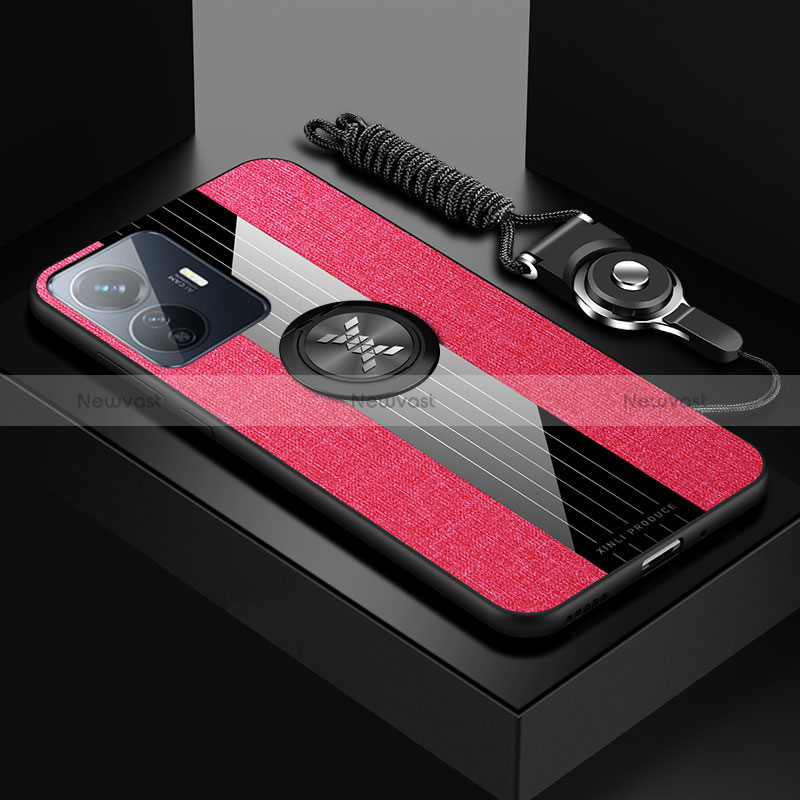 Ultra-thin Silicone Gel Soft Case Cover with Magnetic Finger Ring Stand X03L for Vivo Y77 5G Red