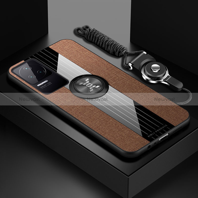 Ultra-thin Silicone Gel Soft Case Cover with Magnetic Finger Ring Stand X03L for Xiaomi Poco F4 5G Brown