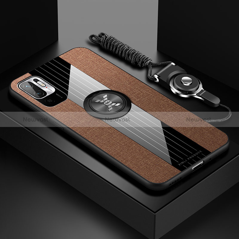Ultra-thin Silicone Gel Soft Case Cover with Magnetic Finger Ring Stand X03L for Xiaomi POCO M3 Pro 5G Brown