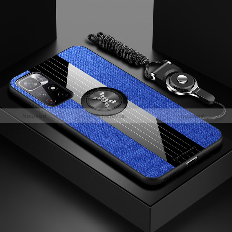 Ultra-thin Silicone Gel Soft Case Cover with Magnetic Finger Ring Stand X03L for Xiaomi Poco M4 Pro 5G Blue