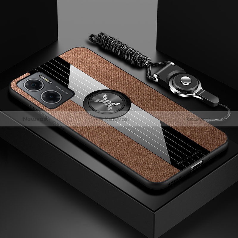 Ultra-thin Silicone Gel Soft Case Cover with Magnetic Finger Ring Stand X03L for Xiaomi Redmi 10 Prime Plus 5G Brown