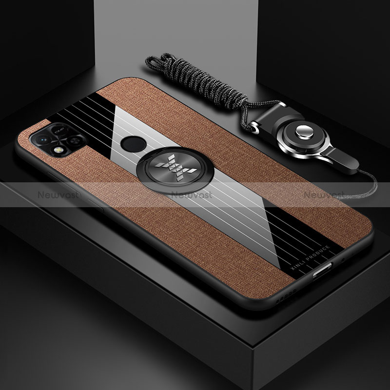 Ultra-thin Silicone Gel Soft Case Cover with Magnetic Finger Ring Stand X03L for Xiaomi Redmi 9 India Brown