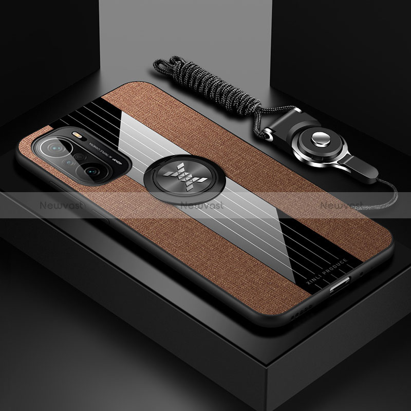 Ultra-thin Silicone Gel Soft Case Cover with Magnetic Finger Ring Stand X03L for Xiaomi Redmi K40 5G Brown