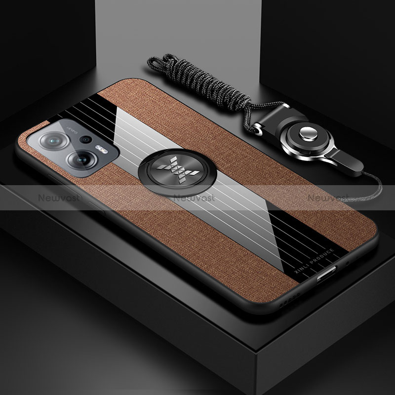 Ultra-thin Silicone Gel Soft Case Cover with Magnetic Finger Ring Stand X03L for Xiaomi Redmi Note 11T Pro 5G Brown