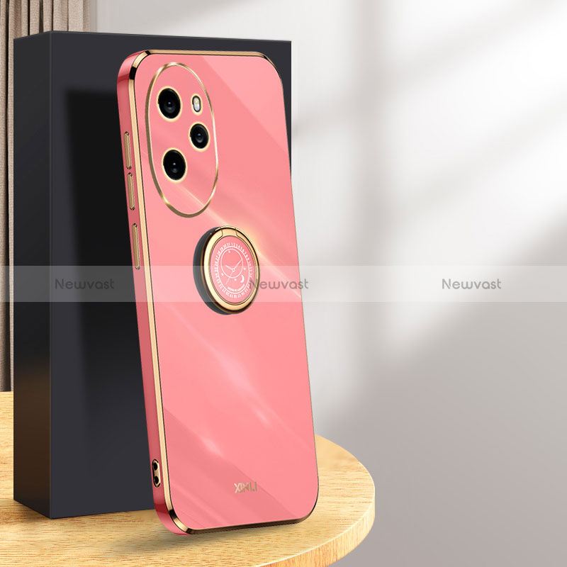 Ultra-thin Silicone Gel Soft Case Cover with Magnetic Finger Ring Stand XL1 for Huawei Honor 100 Pro 5G Hot Pink