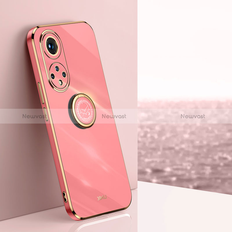 Ultra-thin Silicone Gel Soft Case Cover with Magnetic Finger Ring Stand XL1 for Huawei Honor 50 Pro 5G Hot Pink