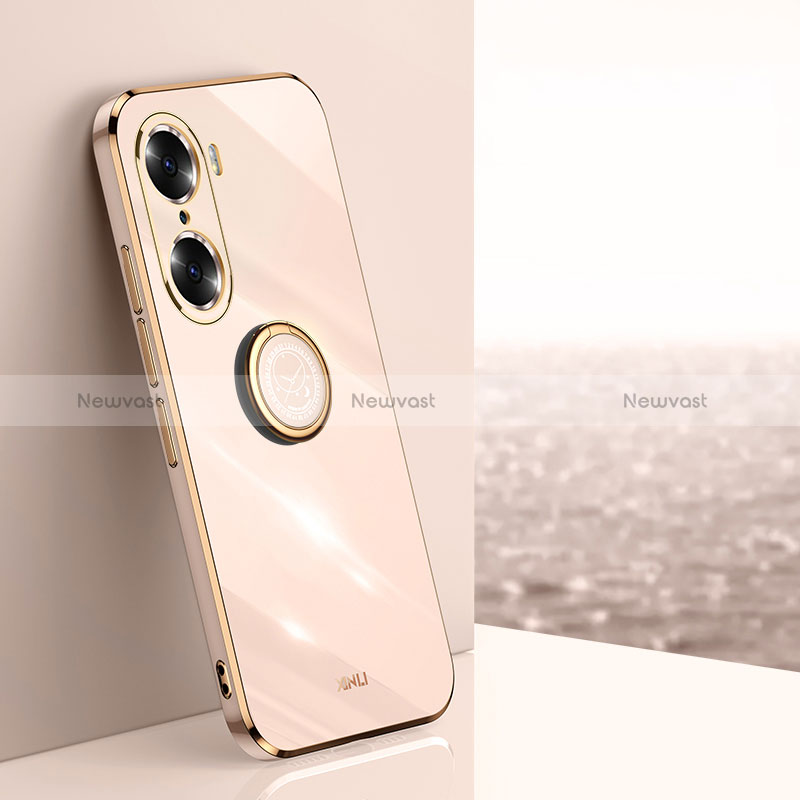 Ultra-thin Silicone Gel Soft Case Cover with Magnetic Finger Ring Stand XL1 for Huawei Honor 60 5G Rose Gold