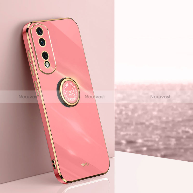 Ultra-thin Silicone Gel Soft Case Cover with Magnetic Finger Ring Stand XL1 for Huawei Honor 80 Pro 5G Hot Pink