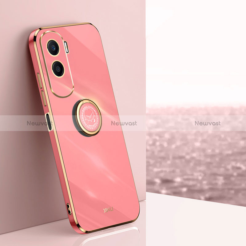 Ultra-thin Silicone Gel Soft Case Cover with Magnetic Finger Ring Stand XL1 for Huawei Honor 90 Lite 5G Hot Pink