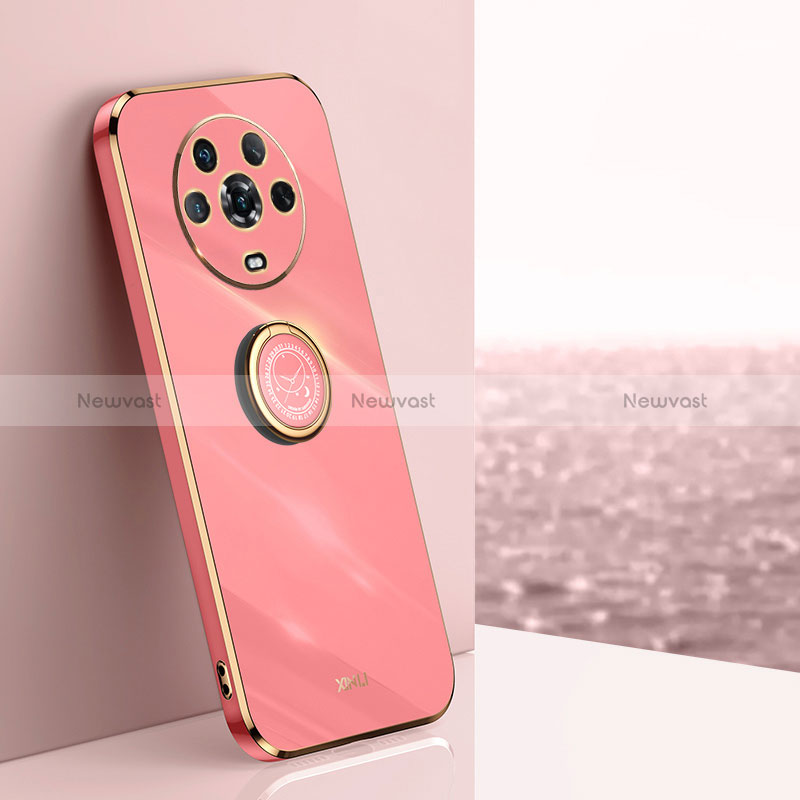 Ultra-thin Silicone Gel Soft Case Cover with Magnetic Finger Ring Stand XL1 for Huawei Honor Magic4 5G Hot Pink