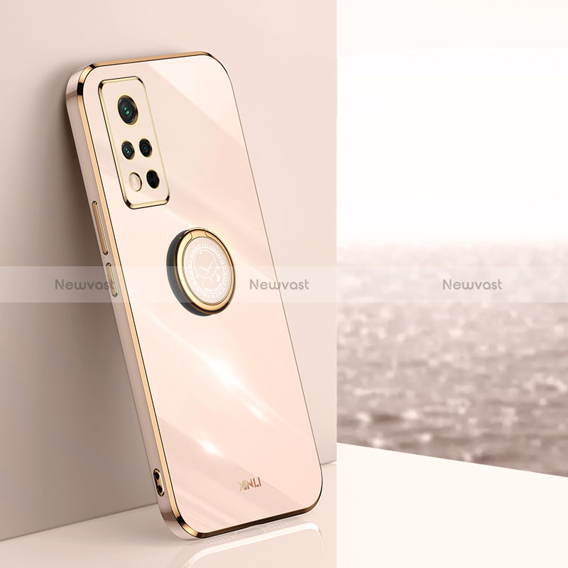 Ultra-thin Silicone Gel Soft Case Cover with Magnetic Finger Ring Stand XL1 for Huawei Honor V40 5G Rose Gold