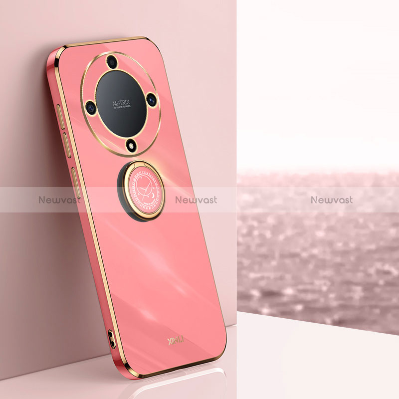 Ultra-thin Silicone Gel Soft Case Cover with Magnetic Finger Ring Stand XL1 for Huawei Honor X9a 5G Hot Pink