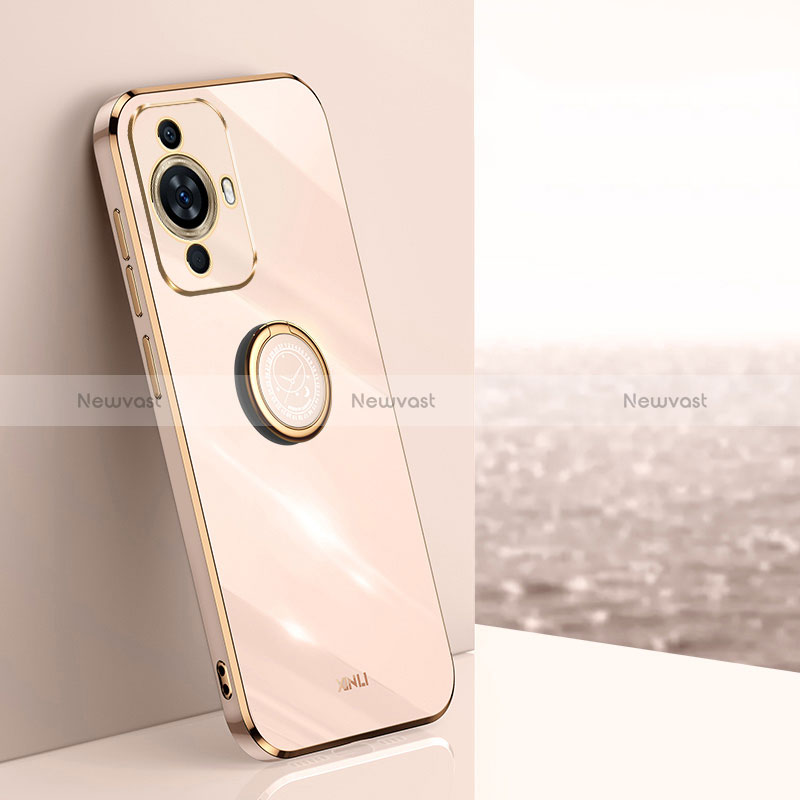 Ultra-thin Silicone Gel Soft Case Cover with Magnetic Finger Ring Stand XL1 for Huawei Nova 11 Pro Rose Gold