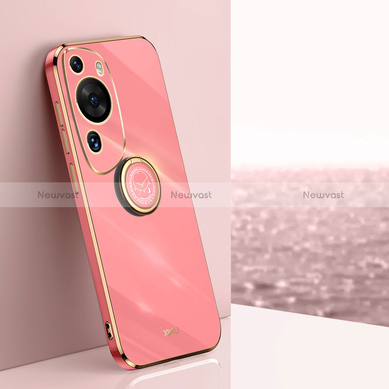 Ultra-thin Silicone Gel Soft Case Cover with Magnetic Finger Ring Stand XL1 for Huawei P60 Art Hot Pink