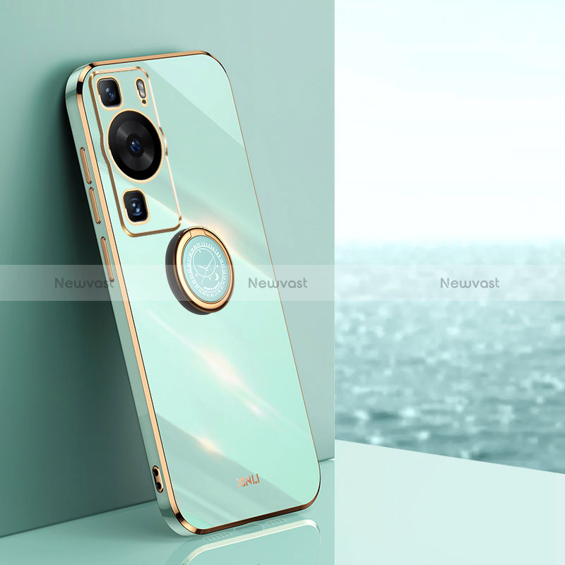 Ultra-thin Silicone Gel Soft Case Cover with Magnetic Finger Ring Stand XL1 for Huawei P60 Pro Green