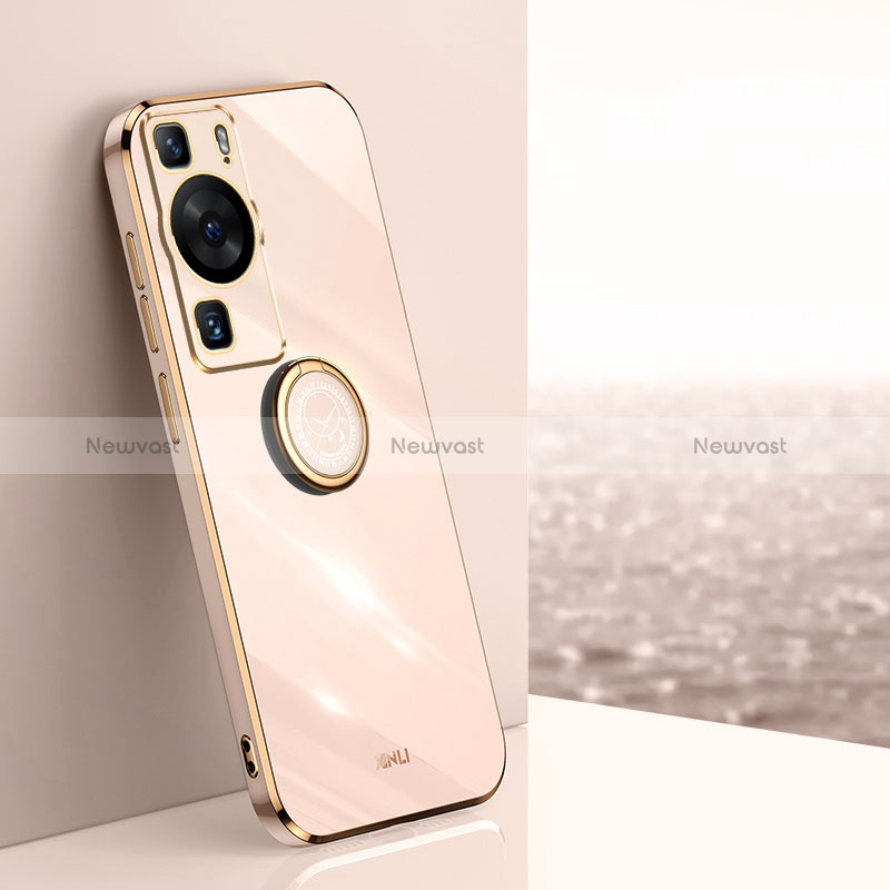 Ultra-thin Silicone Gel Soft Case Cover with Magnetic Finger Ring Stand XL1 for Huawei P60 Rose Gold