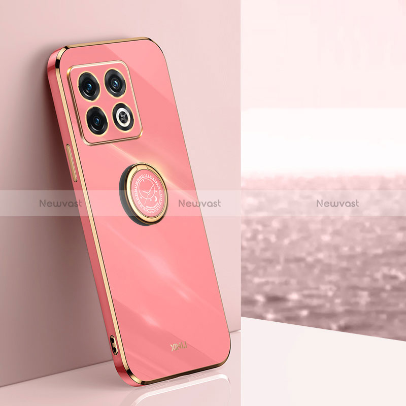 Ultra-thin Silicone Gel Soft Case Cover with Magnetic Finger Ring Stand XL1 for OnePlus 10 Pro 5G Hot Pink