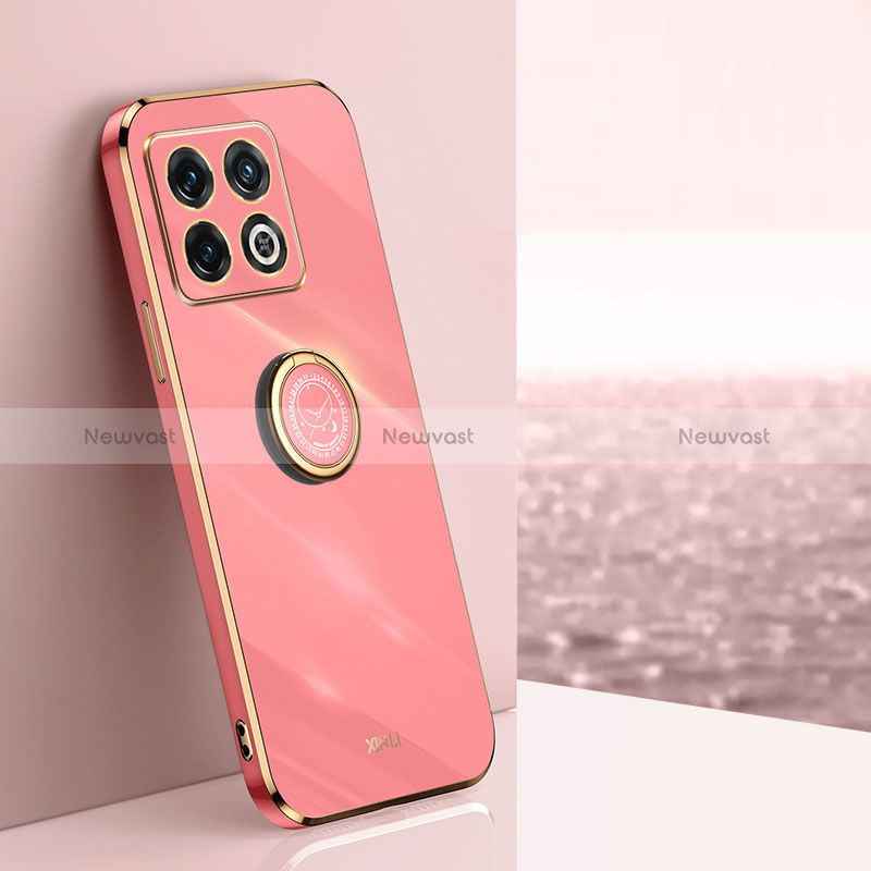 Ultra-thin Silicone Gel Soft Case Cover with Magnetic Finger Ring Stand XL1 for OnePlus 10T 5G Hot Pink