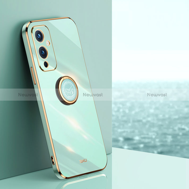 Ultra-thin Silicone Gel Soft Case Cover with Magnetic Finger Ring Stand XL1 for OnePlus 9 5G Green