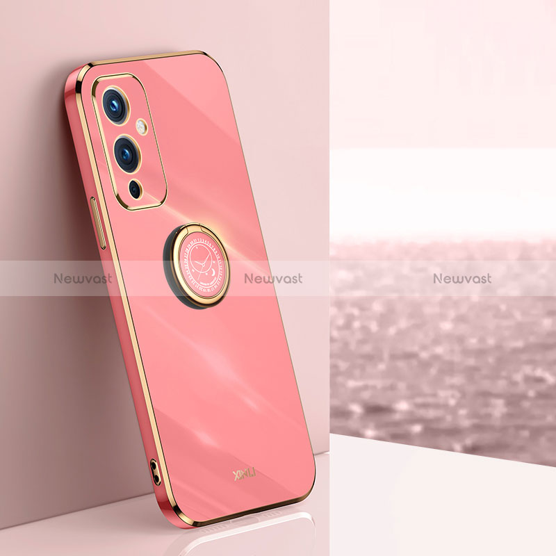 Ultra-thin Silicone Gel Soft Case Cover with Magnetic Finger Ring Stand XL1 for OnePlus 9 5G Hot Pink