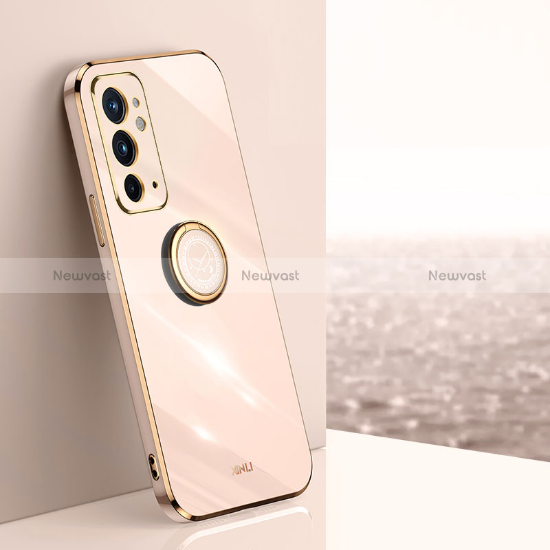 Ultra-thin Silicone Gel Soft Case Cover with Magnetic Finger Ring Stand XL1 for OnePlus 9RT 5G Rose Gold