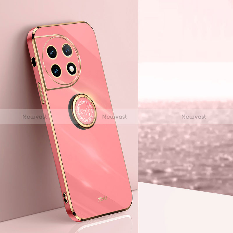 Ultra-thin Silicone Gel Soft Case Cover with Magnetic Finger Ring Stand XL1 for OnePlus Ace 2 5G Hot Pink